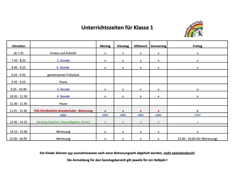 Unterrichtszeiten Kl. 1