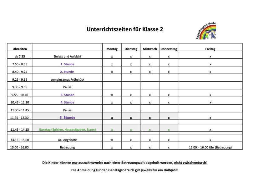 Unterrichtszeiten Kl.2