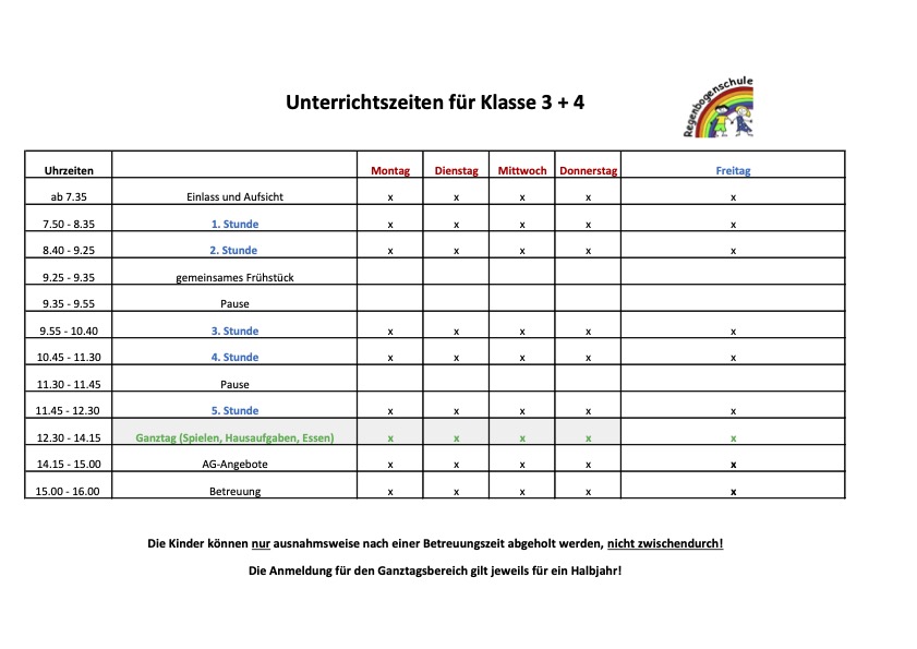 Unterrichtszeiten Kl. 3+4